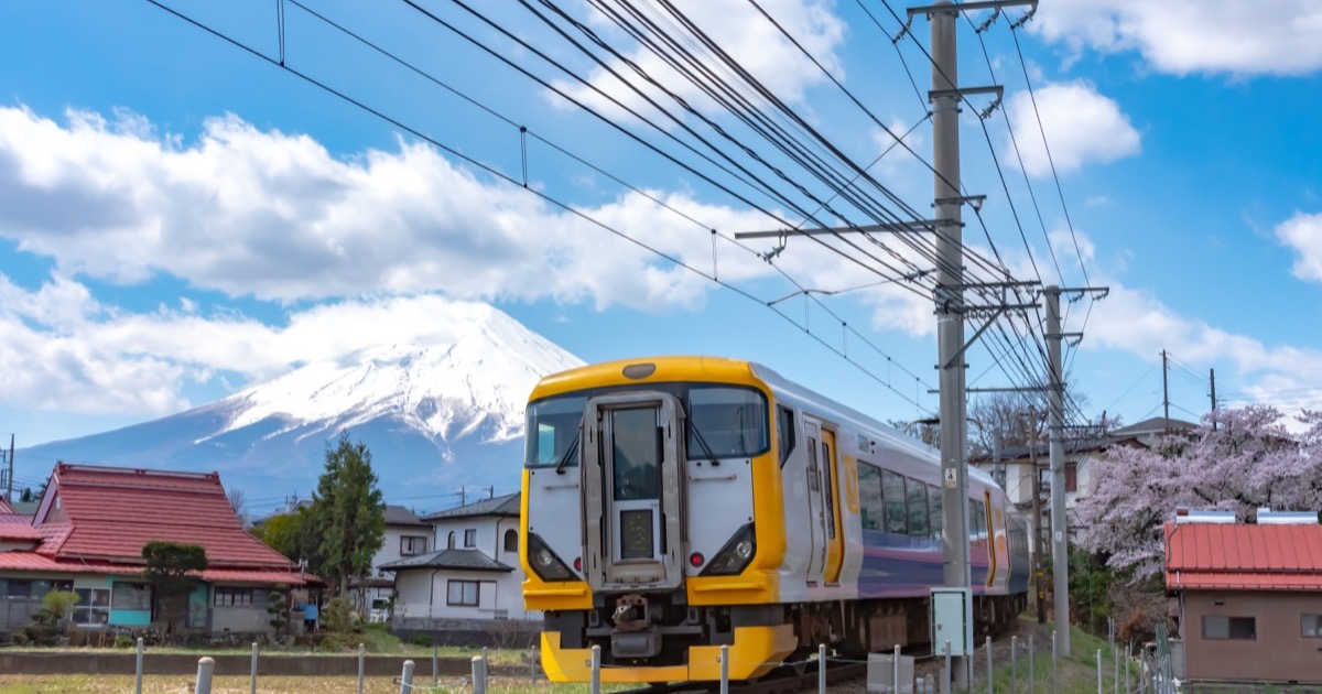 A limited-express train bound for Kawaguchiko with Mt. Fuji behind