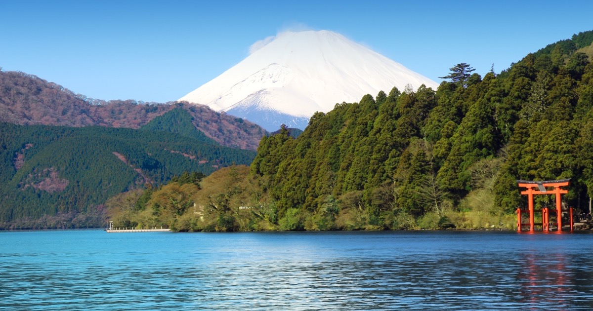 The torii of Hakone Shrine on Lake Ashi with Mt. Fuji beyond