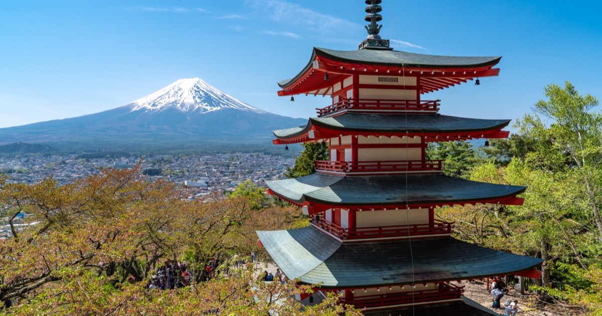 The Chureito Pagoda facing Mt. Fuji at Arakurayama