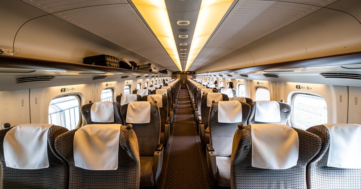 The quiet interior of a Shinkansen Green Car