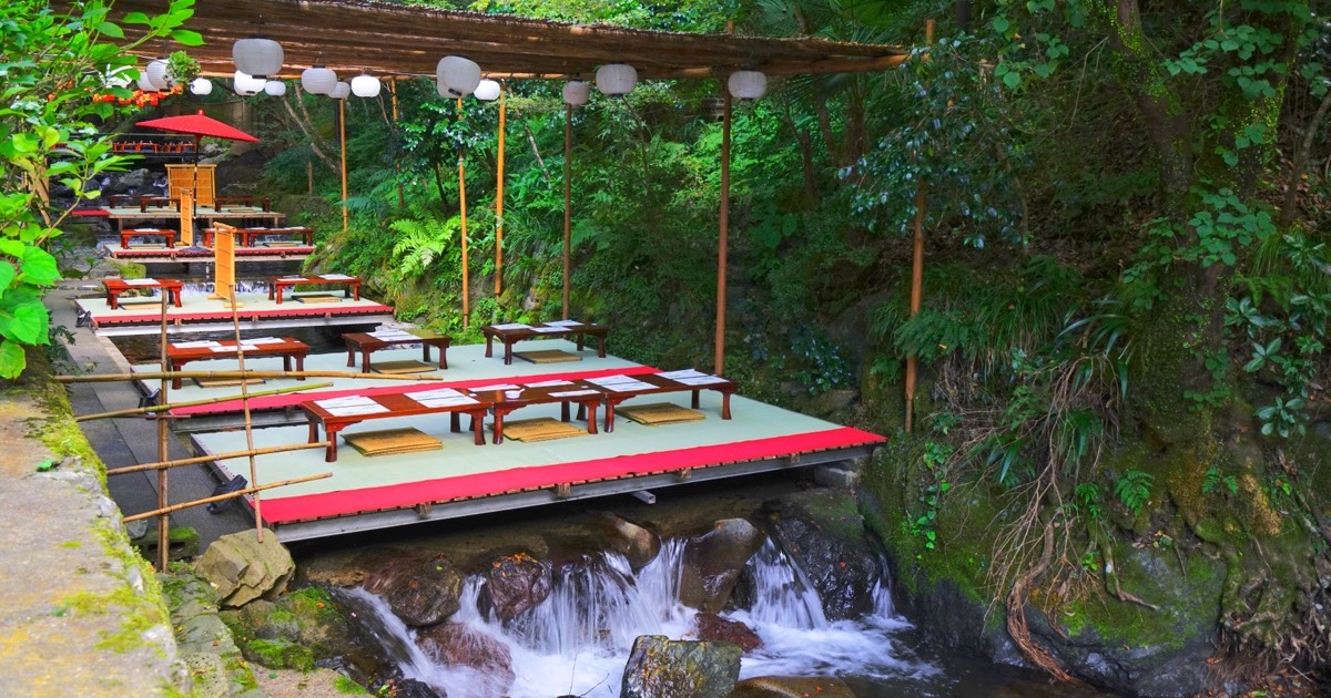 Kawadoko dining platforms set over a mountain stream near Kyoto