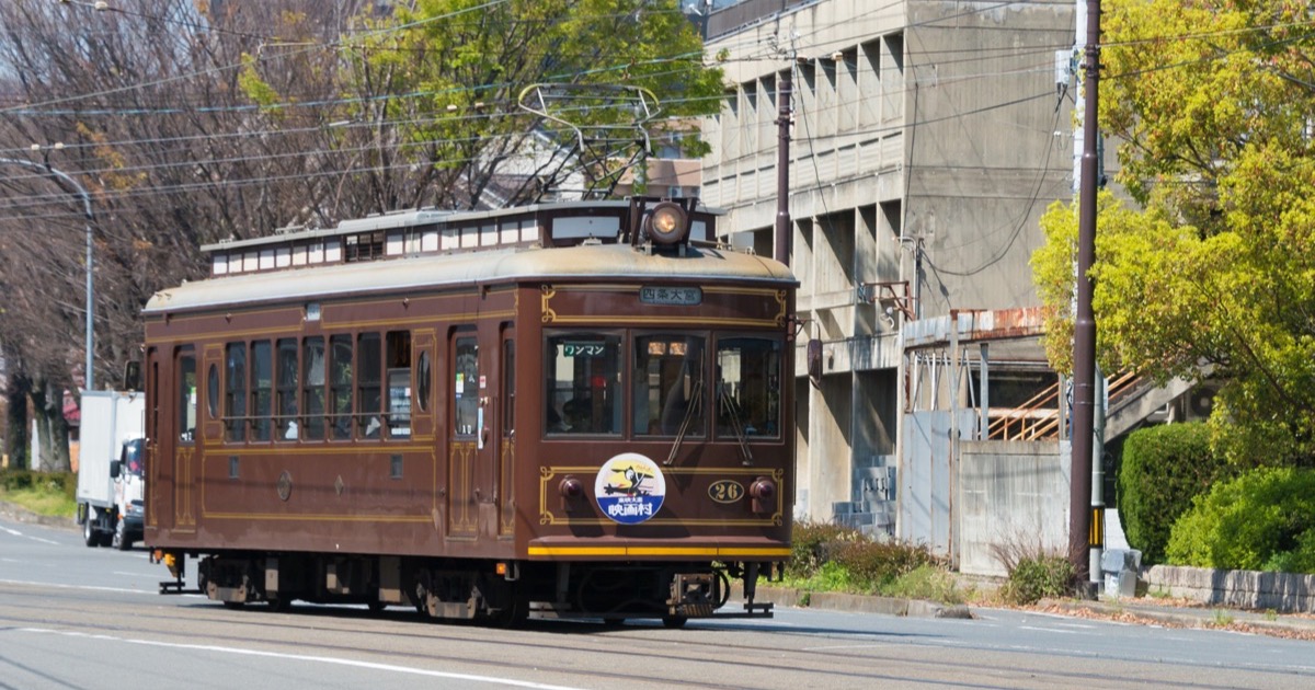 A retro Randen tram crossing western Kyoto