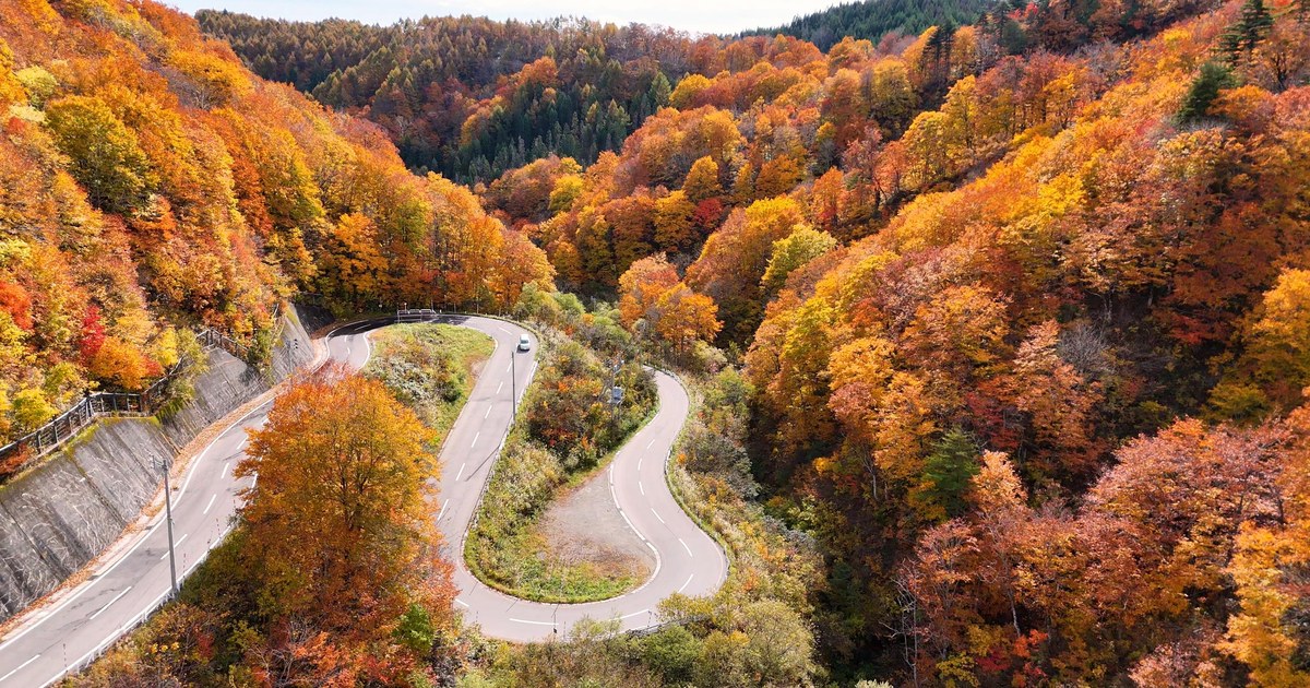 A single car on a winding mountain road in autumn