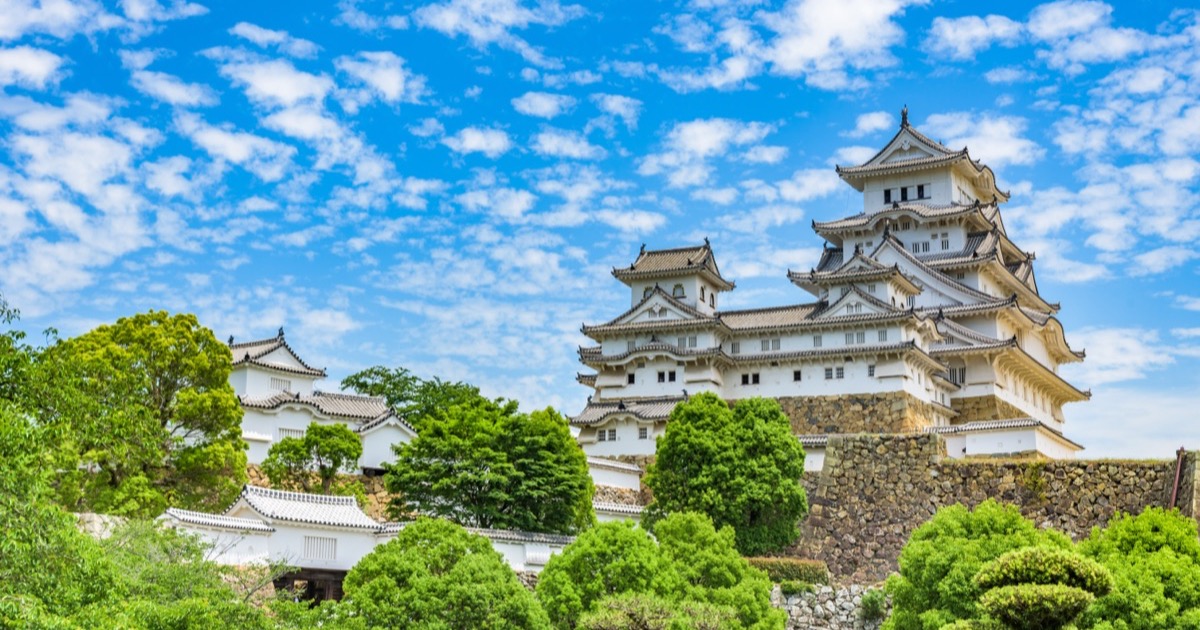 Himeji Castle under a blue sky