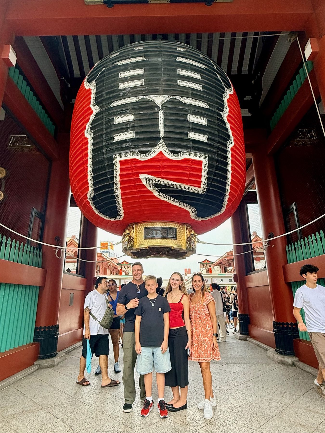 The family beneath the great red lantern of Kaminarimon gate in Asakusa