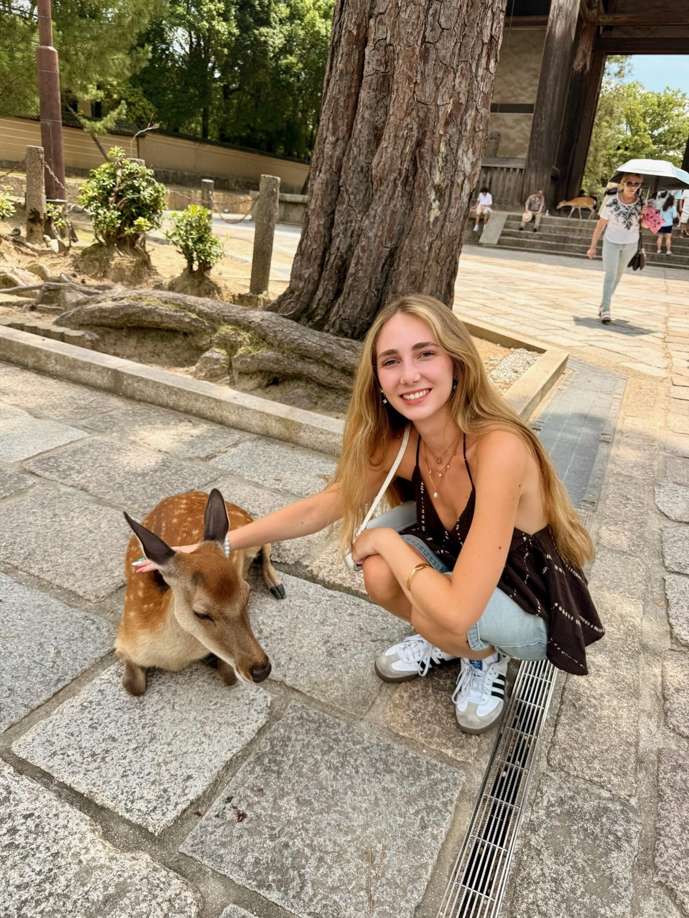 The family's daughter with a deer in Nara